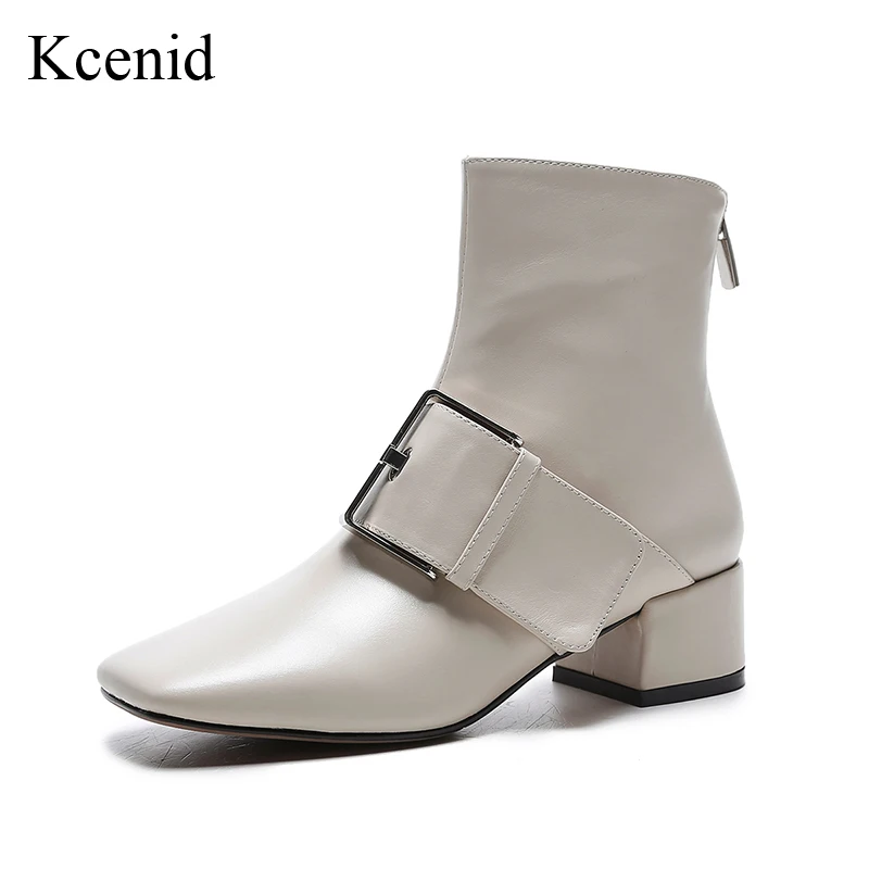

Kcenid Fashion square toe buckle strap genuine leather boots back zipper square heels women motorcycle boots beige shoes woman