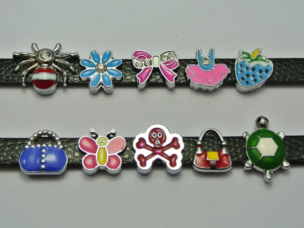 

10 Assorted Alloy Enamel Slide Charm Fit 8mm Wristbands Belt Pet Collar