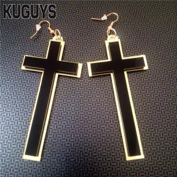 KUGUYS Fashion Jewelry Black Cross Earring for Women Acrylic Mirror Drop Earring Pendientes Trendy Long Dangle Earring Oorbellen