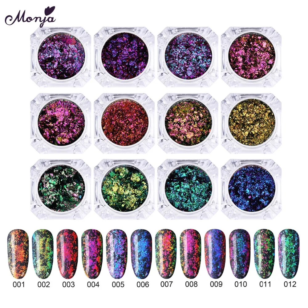 

Monja 12 Color Nail Art Chameleon Glitter Magic Mirror Irregular Flakes Sequins Glitter Powder Dust DIY Decorations Sponge Stick