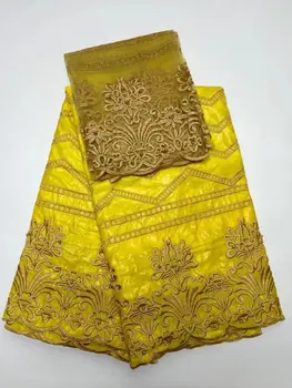 

yellow lace embroidered fabric bazin riche fabric nigerian gele headtie net lace with beads woman blouse 2017 new7yard/lotL