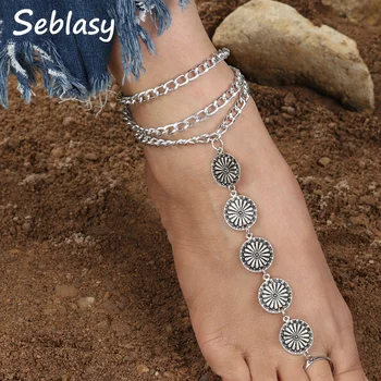 

Seblasy Vintage Boho Long Chain Flowers Tassel Anklets for Women Simple Style Ethnic Tibet Silver Color Barefoot Summer Sandal