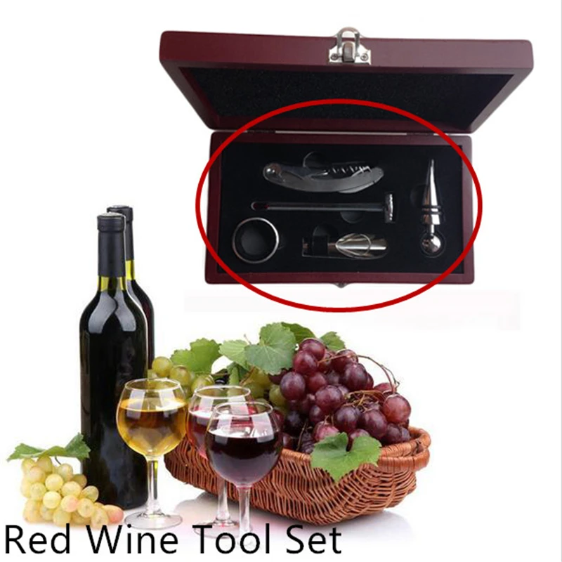  Red Wine Tool Set Wine Bottle Opener Set Wooden Box Five Pieces Set Bar Tools Sets Stopper Ring Pourer Thermometer 