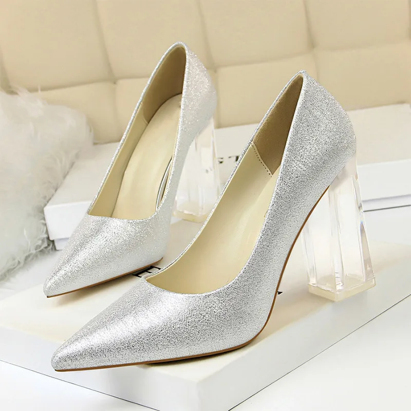 Г., весенние женские пикантные туфли-лодочки с острым носком Прозрачные туфли на высоком каблуке с кристаллами женские офисные туфли без застежки - Цвет: sliver