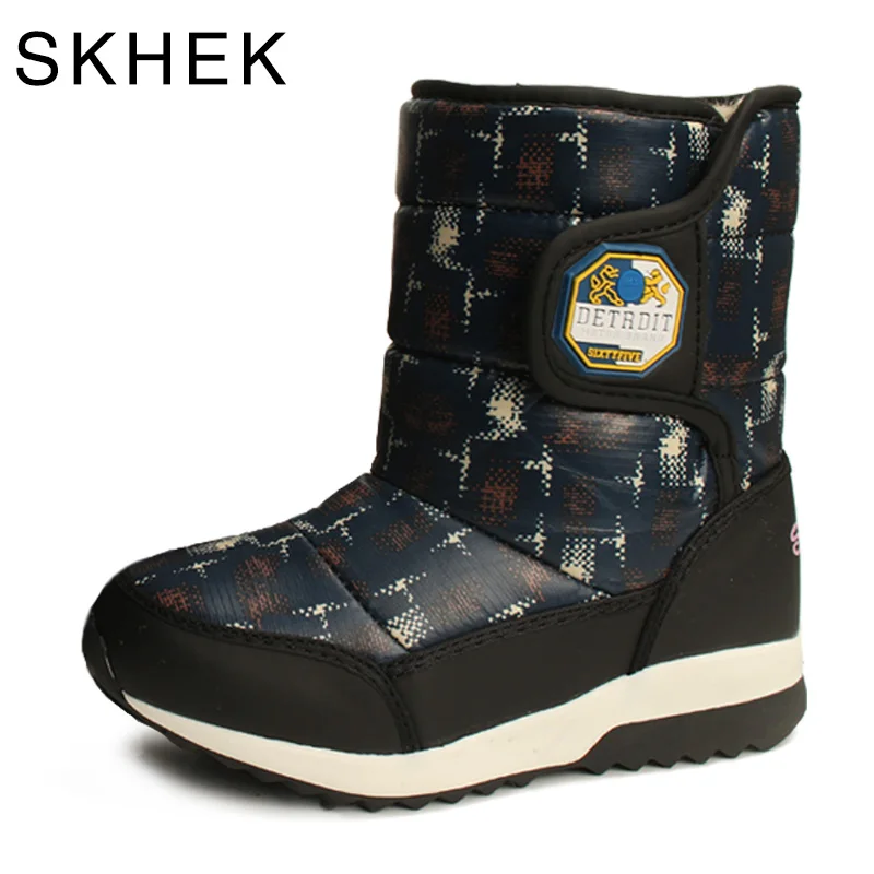 

SKHEK Girls Boys Boots For Kids Winter Shoes Waterproof Snow Boots Children Wool Mid Calf Flat Flowers Cloth bota Black