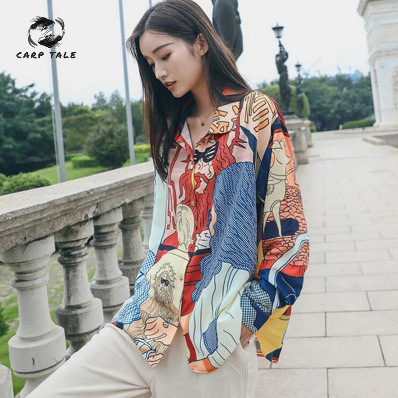 

Korean version of the street style spring and autumn new printing shirt loose lapel long-sleeved Hong Kong-style shirt women
