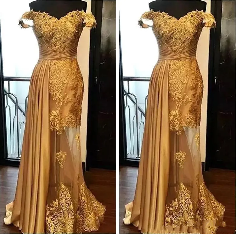 

Gold Muslim Evening Dresses 2019 Mermaid Off The Shoulder Lace Beaded Islamic Dubai Saudi Arabic Long Formal Evening Gown Prom