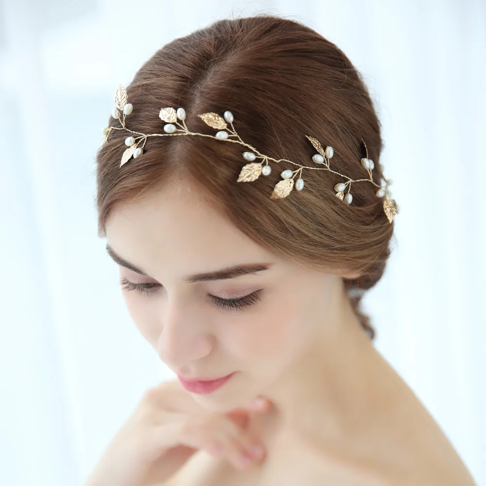 Simple Long Hair Vine Gold Leaf Bridal Headband Handmade Pearls Wedding Headpiece 2018 (7)