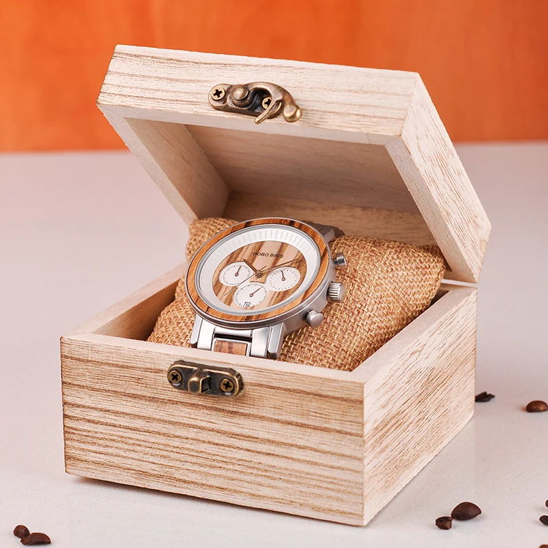 BOBO BIRD Watch Men Stainless Steel Wooden Watches Chronograph Men's Sport Waterproof Military Watches Relogio Masculino V-R01