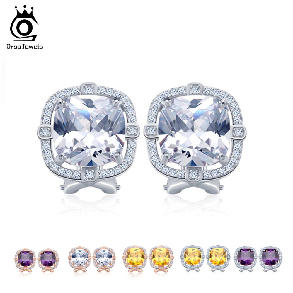 

ORSA JEWELS Party Wearing Big Size 4ct Cushion Cut Multi Color CZ Crystal Stud Earrings for Girls Nickel Free Earring OE150