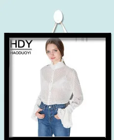 HDY Haoduoyi Solid Black Mesh Semi-Sheer Sexy Women Shirts O-neck Full Sleeve Button Bowknot Belt Lady Tops Casual Female Blouse