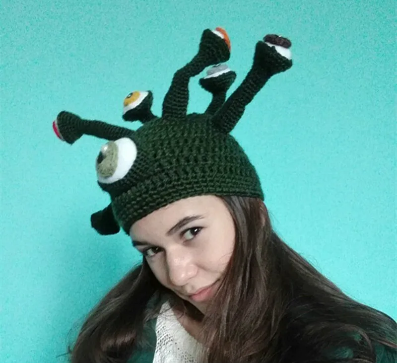 Шапка осьминога для детей и взрослых, шапка каракатицы на Хэллоуин, косметическая шапка, модная крутая вязаная шапочка, шапка зеленого цвета с большими глазами, забавная