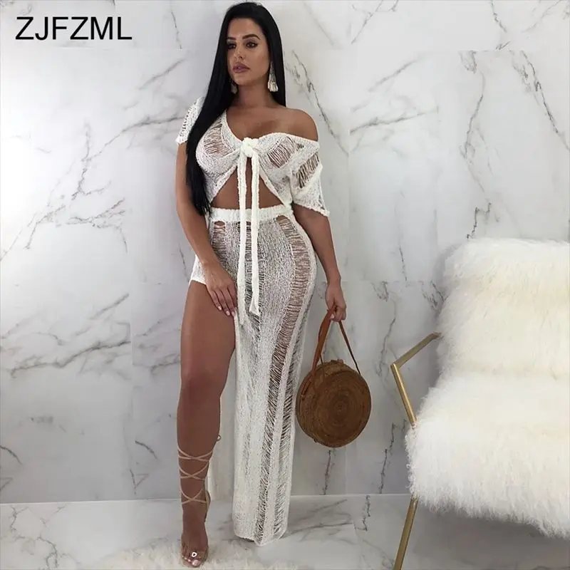 

ZJFZML 2018 New Knitting Long 2 Piece Dress Women V Neck Short Sleeve Maxi Dress Sexy Hollow Out High Split Club Party Dresses