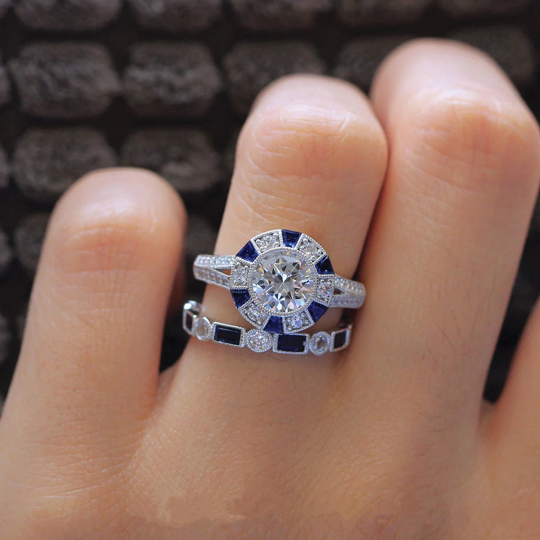 Fashion 2pcs/Set Luxury Blue Wedding Ring For Woman Silver Plating Zircon Ring Jewelry