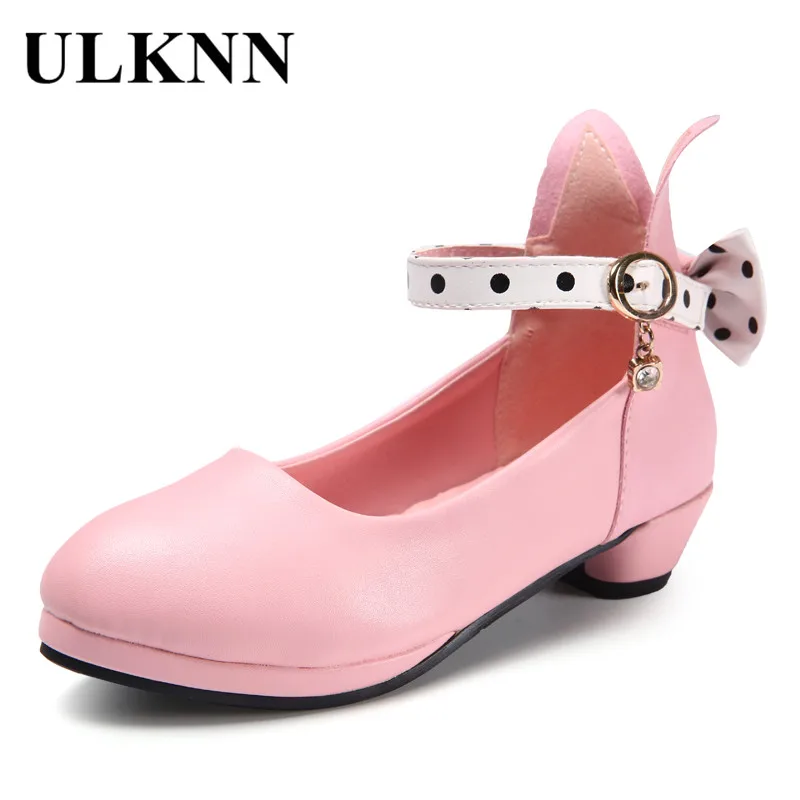 

ULKNN Genuine Leather Shoes For Girls Bow Knot Rabbit ears Children Shoes Kids Princess Shoes Girls Party High Heel Cow Split