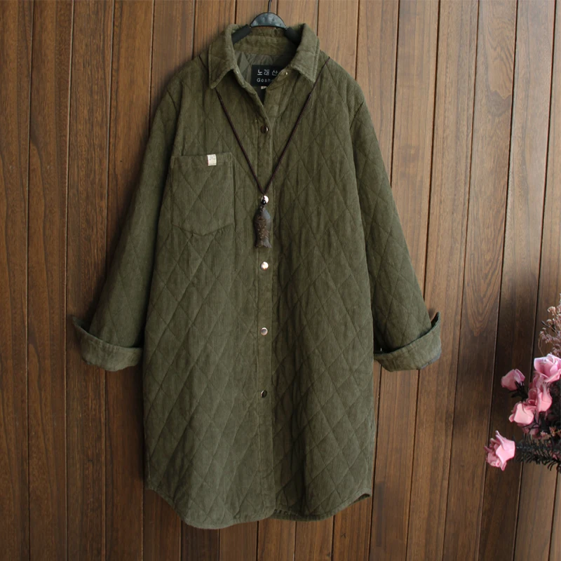 Литературная теплая утолщенная стеганая хлопковая рубашка на осень и зиму с длинным рукавом, клетчатая Вельветовая блуза, повседневная верхняя одежда, блуза, армейский зеленый цвет