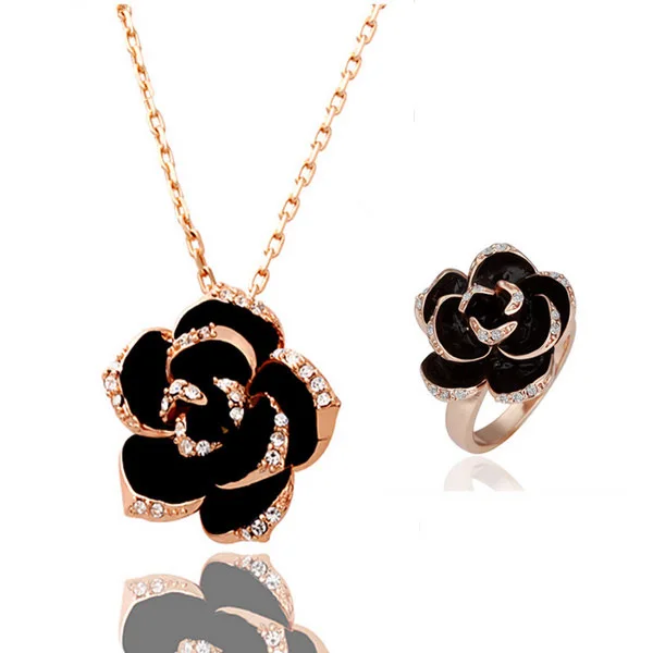 Fashion Women Jewelry Sets Camellia Design Pendant Gold-color Black Painting Rose Flower Necklace Earrings Ring