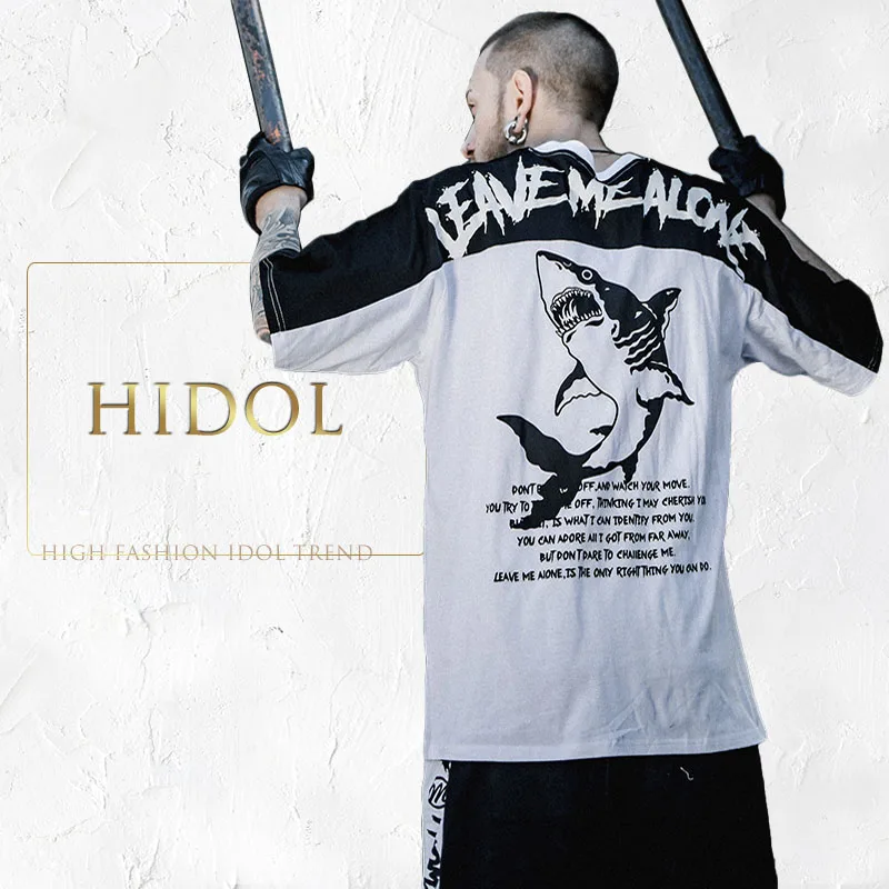 

Oversize Loose T-shirt Contrast Color Shark Pattern Print T shirt Hip Hop Short Tshirt Men Streetwear Summer Top Tee White/Black