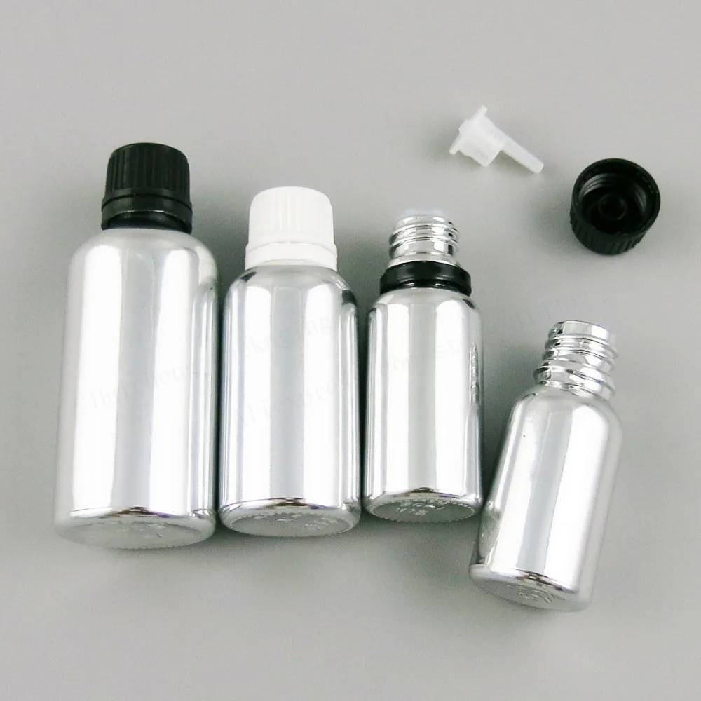 

200 x Refillable 5ml 10ml 20ml 30ml 50ml 100ml silver glass essential oil bottle with Tamper Evident Plastic Cap and PE Drop