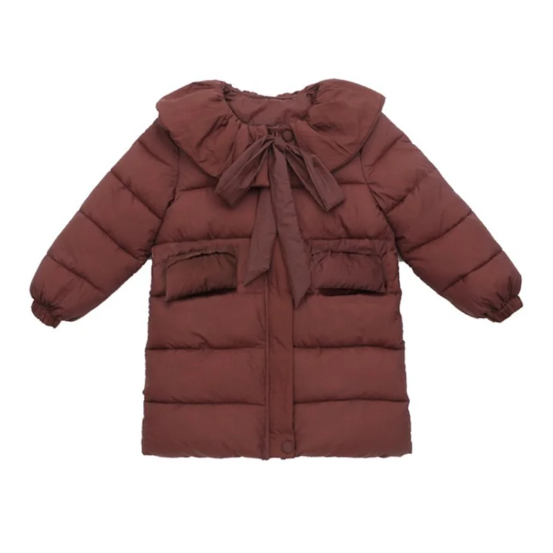 

New 2018 Girls Winter Long Cotton Clothes Sweet Pink Princess Style Kids Down Jacket for Girls Bow O-Neck Winter Coat