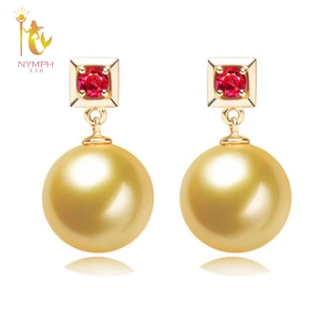 

NYMPH Real South Sea Pearl earrings 10-13mm perfectly round 18K gold drop earrings best gift for women party wedding YSED160105