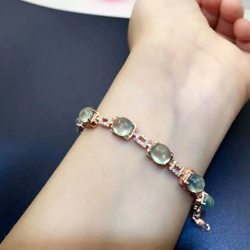 

18K Gold-plated 925 Sterling Silver Oval Prehnite Bracelet for Women Natural Gemstone 6 x 8 mm
