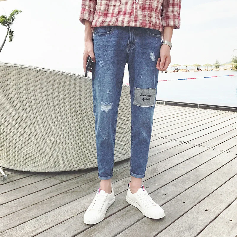 

Spring Men's Cave Lightweight Jeans High Quality Youth Korean Trends Slim Casual Joker Feet Elastic Cropped Pants Men
