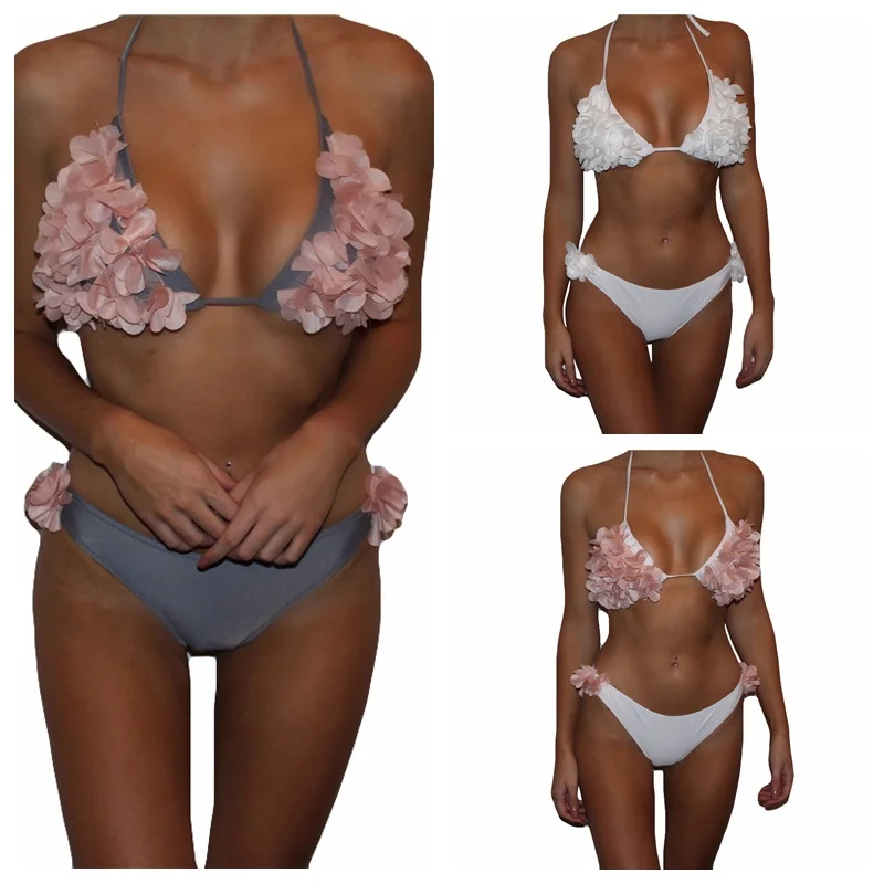 

Women Sexy Hanging Neck Petal 3D Floral Flower Bikini Set Breathable Comfortable Two-Piece Swimsuit Swimwear Beachwear