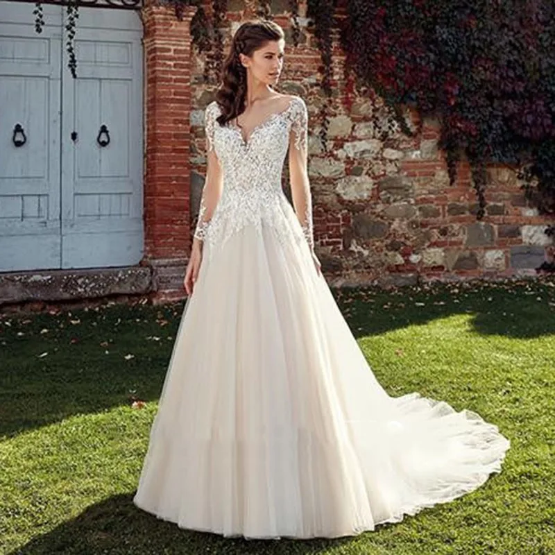 

Eightale Wedding Dress with Long Sleeves A-Line Scoop Wedding Gowns Illusion Back Lace Appliques Vintage Train Bride Dress