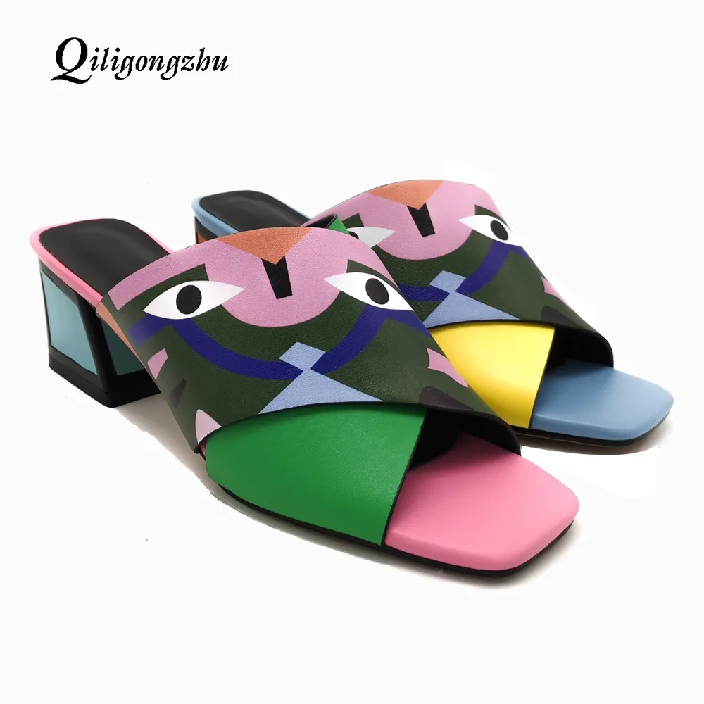 

Sexy Gladiator Sandals Women Summer Shoes High Heels 3D Prints Genuine Leather Sandals Ladies Casual Slippers Outdoor