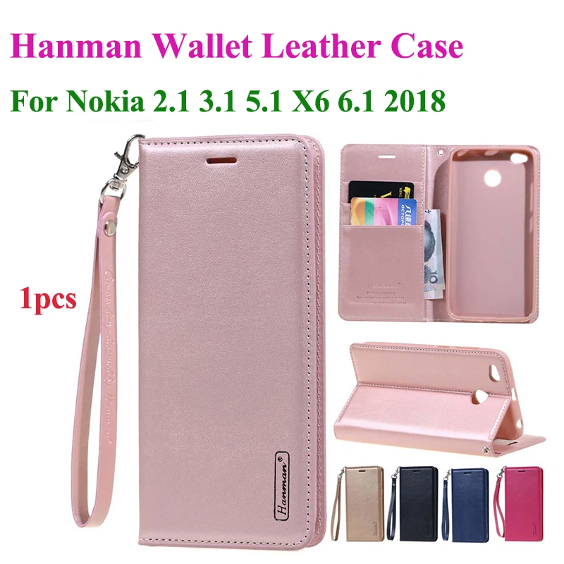 

Hanman Flip Leather Case For Nokia 2.1 3.1 5.1 X5 X6 6.1 2018 Hang Rope Series Genuine Wallet Card Slot Case Cover