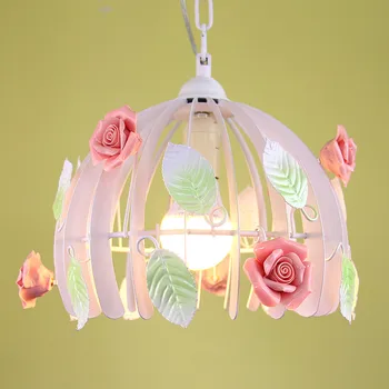 

Pastoral romantic style Korean wrought iron pendant light pink rose flower bedroom dining room hanging lighting lamp