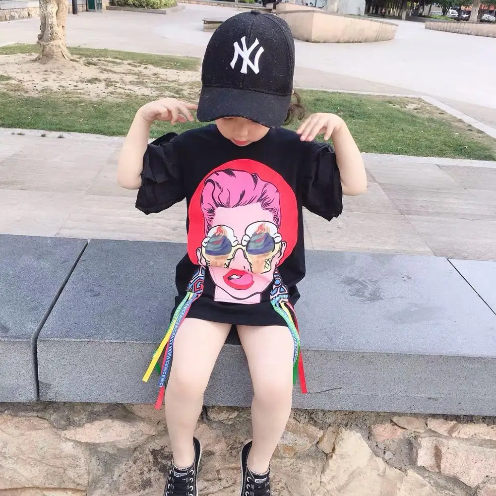 Летнее платье для девочек детское мини-платье Детская длинная футболка для малышей, уличная мода, логотип, радуга, цветная лента, кисточка, от 3 до 14 лет