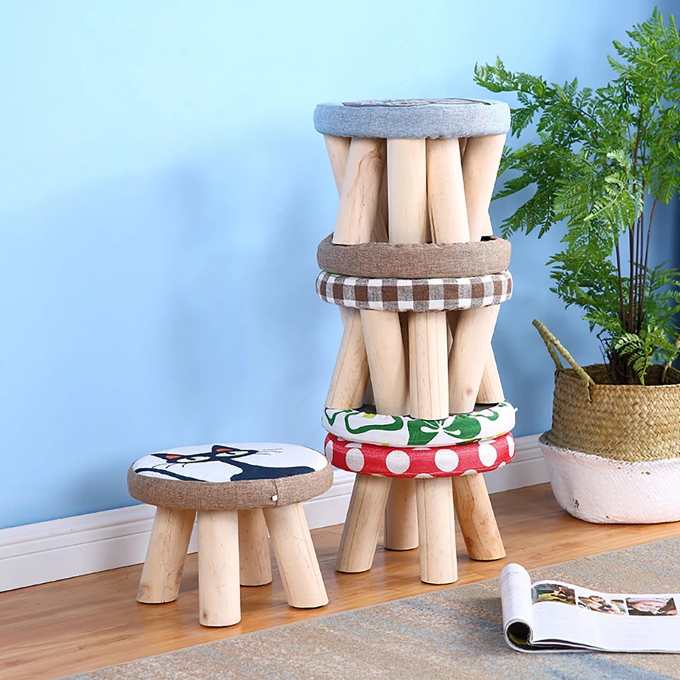 

Cute Small Children Chair Wood Stools Kid Shoes Sofa with Creative Plush Cartoon Round Shoe Chair Kindergarten Chair Baby Stool