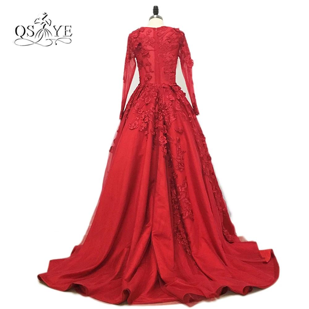 Real Photos 2017 Vestido de Fiesta Red Long Sleeve Evening Dress Long Prom Dress with 3D Floral Lace Formal Gowns Custom Made