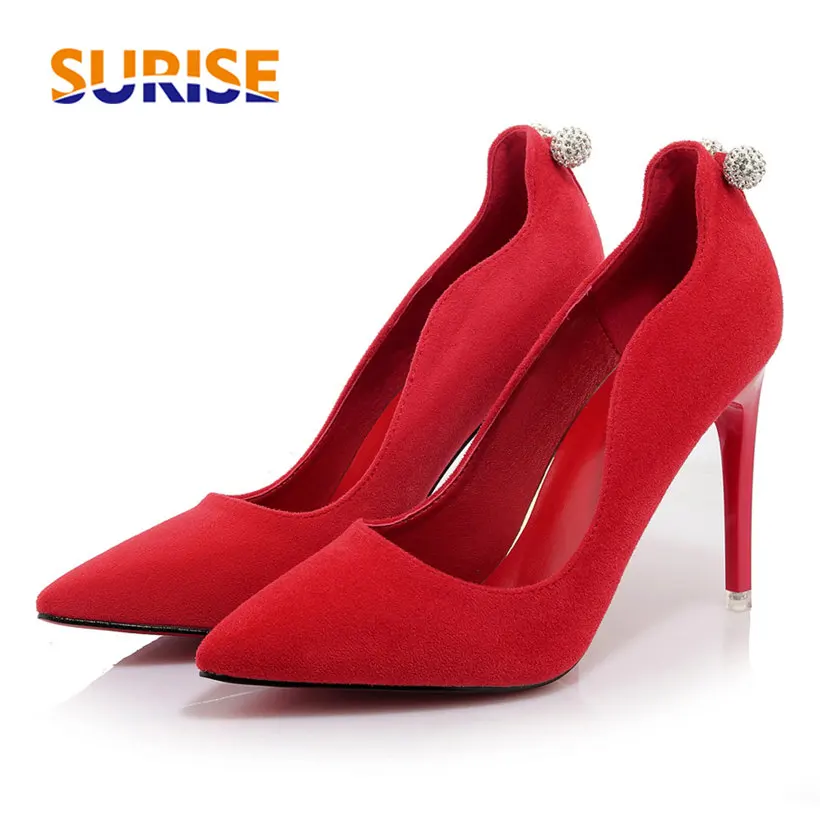 

Fashion Dress Party Crystal Women Pumps 10cm Thin Spike High Heel Pointed Toe Black Flock Lady Rhinestone Stiletto Pumps Size 43