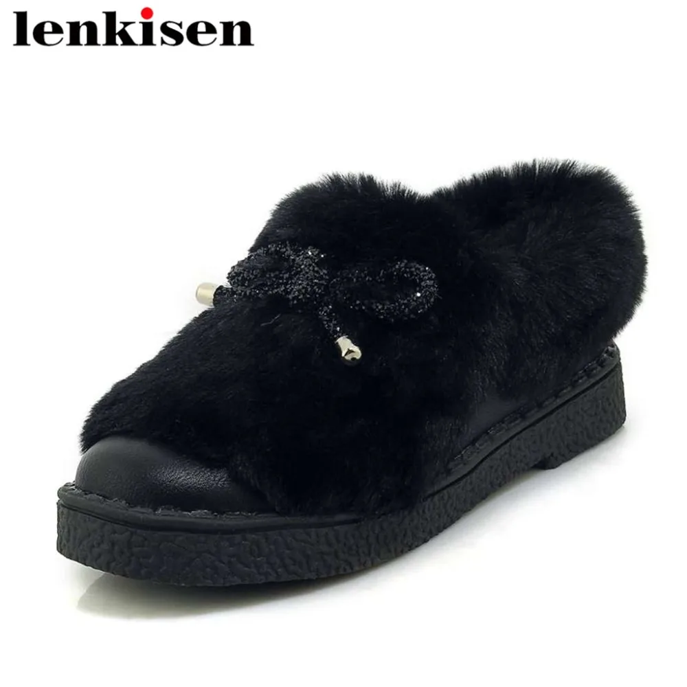 

Lenkisen european designer round toe pu large size low bottom bowtie slip on solid fairy concise winter warmful snow boots L48