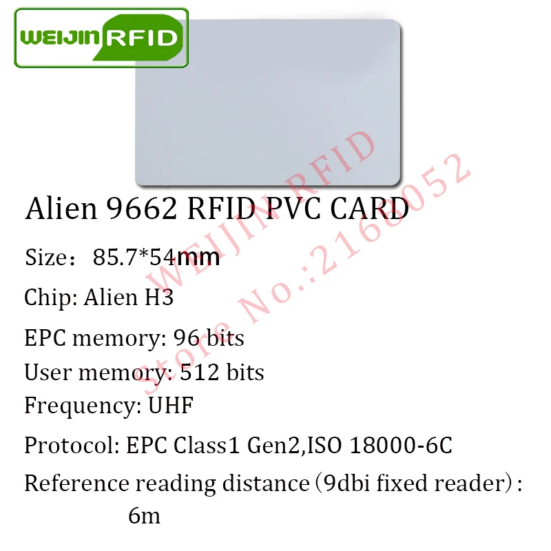 UHF RFID PVC card Alien 9662 915m868m860-960MHZ H3 EPC 6C 20pcs free shipping long reading distance smart card passive RFID tag