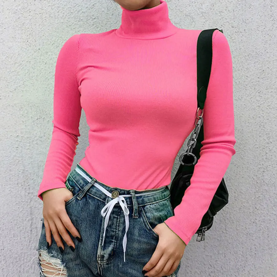 

Turtleneck Long Sleeve Slim Tops Women Casual Solid Ribbed Wild Pullover Tees Streetwear Ladies Fashion Simple Wild T-shirts New