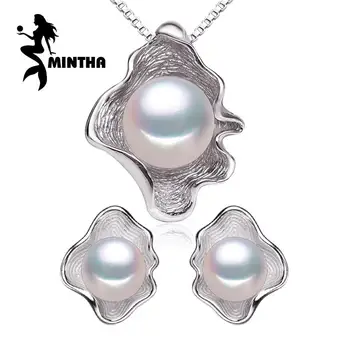 

MINTHA Freshwater Pearl Jewelry Sets 925 Sterling Silver Natural Pearl Fashion Geometric Shell Design Necklace Earrings With Box