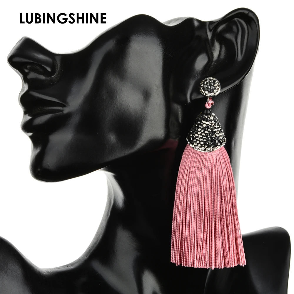 

Bohemian Long Tassel Dangle Earrings Crystal Alloy Hook Black Pink Silk Fabric Drop Earrings For Women Jewelry Accessory brincos