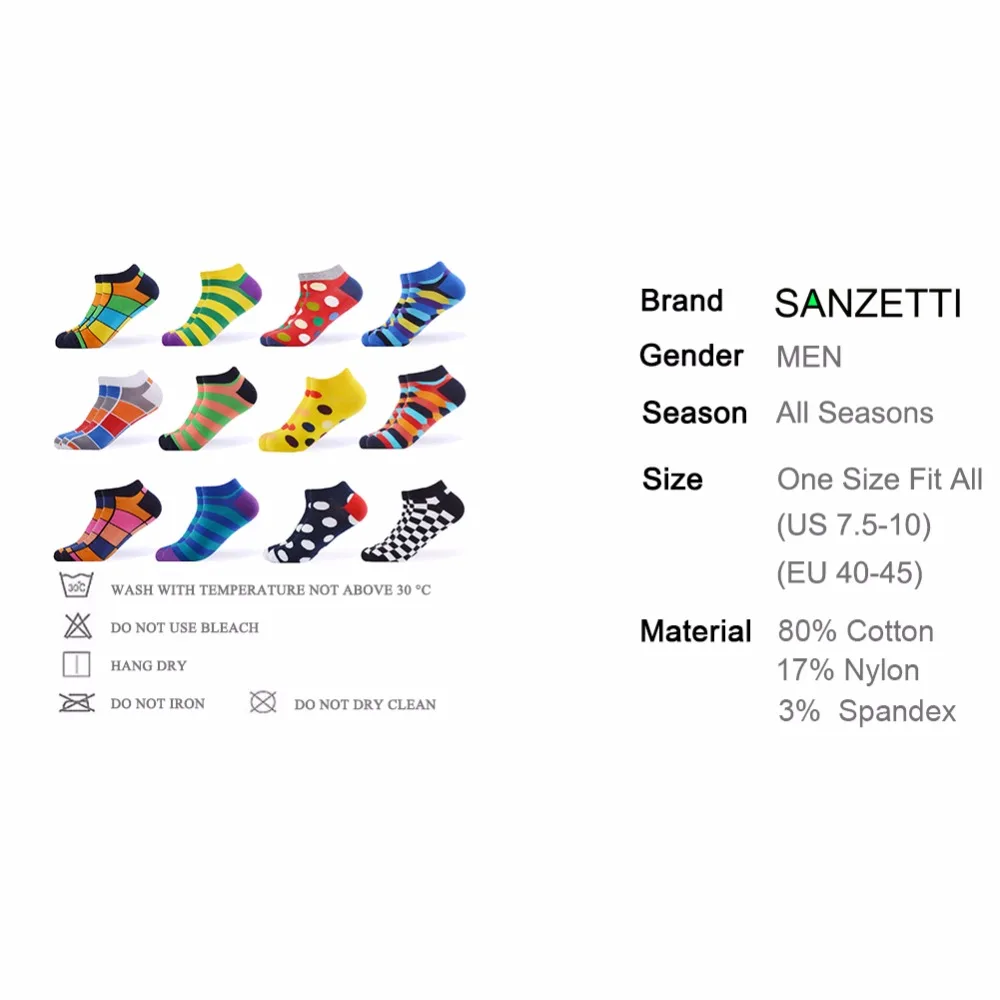 SANZETTI/12 пар/лот повседневные мужские носки по щиколотку из чесаного хлопка яркие с
