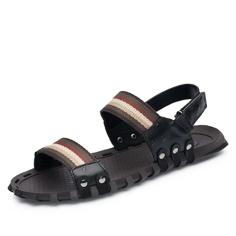 Ruideng/мужские шлепанцы; Летние сандалии; Модные дышащие мягкие удобные мужские прочные сандалии из натуральной кожи; повседневная обувь на плоской подошве; - Цвет: Черный