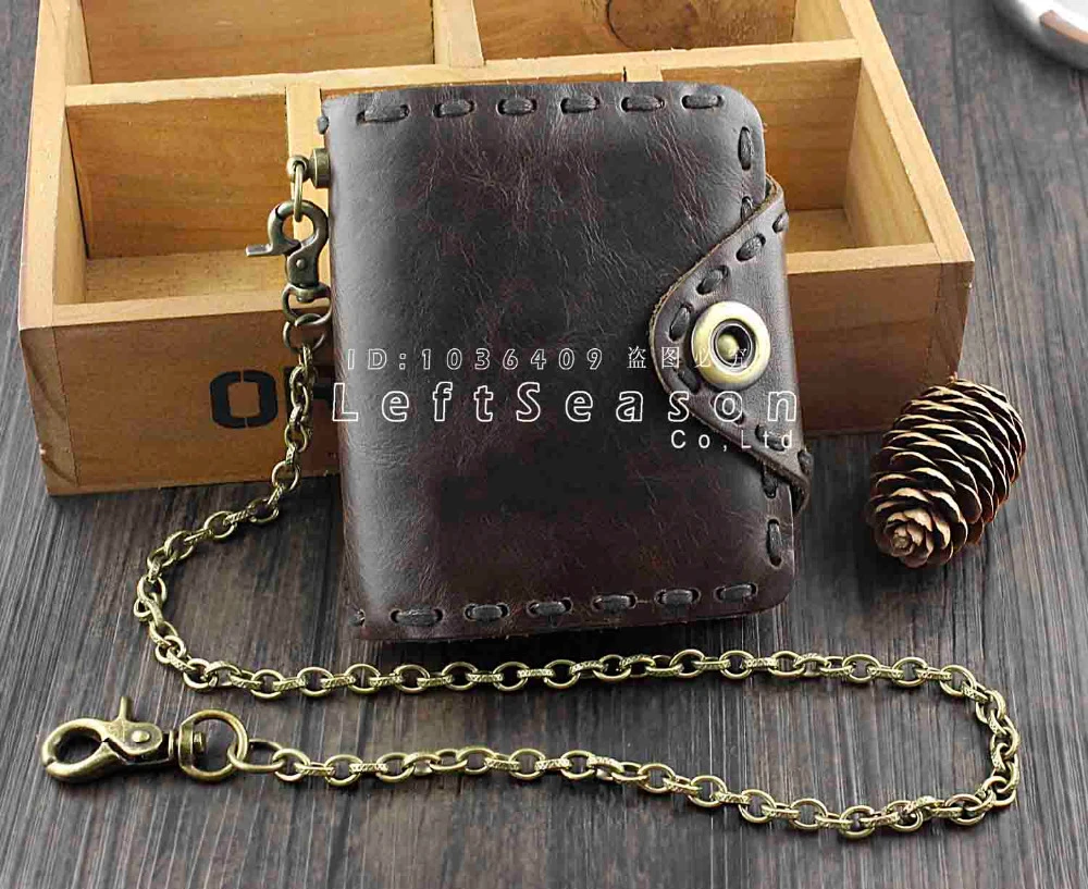 Cartera de cuero de vaca Real hombre, cartera con cadena de café, con cierre a presión, Vintage|wallet with|leather wallet with chainleather wallet - AliExpress