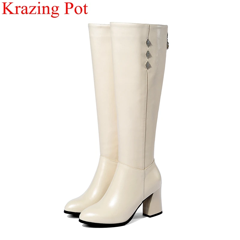 

2018 big size high heels mature women Knee-High boots zipper crystal keep warm winter shoes office lady thigh high boots L99