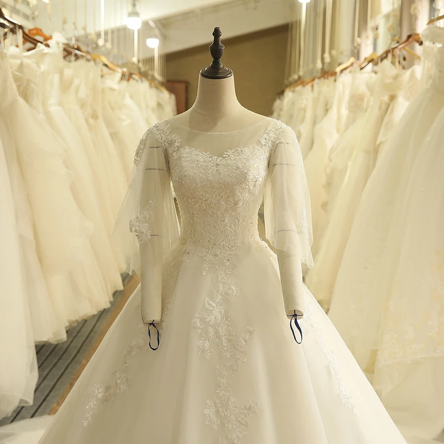 SL-9006 Sheer Neckline Puffy Half Sleeve Bridal Gown Lace Beads Wedding Dresses 2018 4