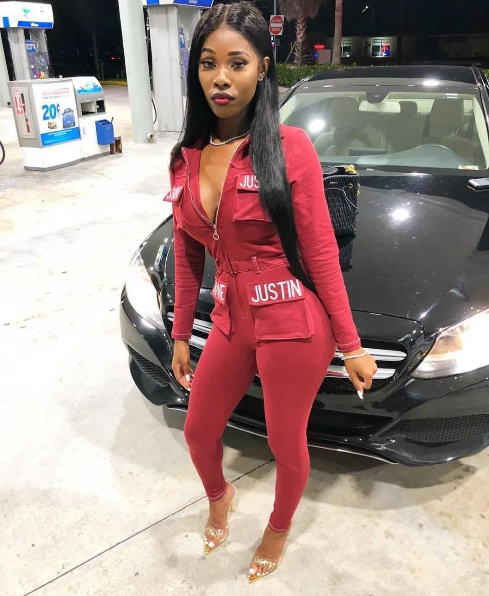 Woman Letter Print Embroidery Casual Overalls V-neck Zipprt Slim Bodycon Club Outfit Pocket Woman Romper Tracksuit Jumpsuit 