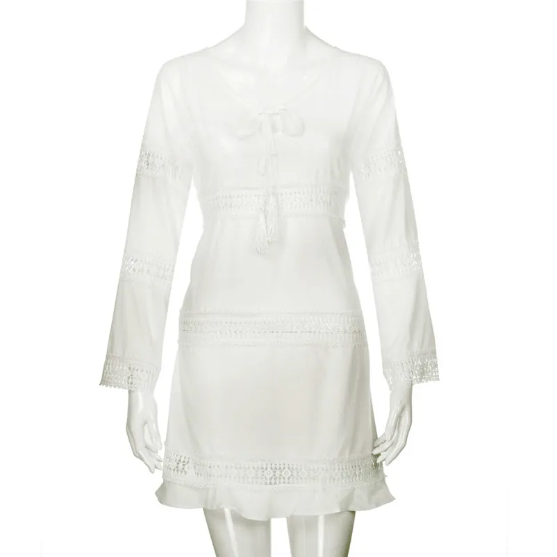 Fashion summer dress 2018 white dress Women Summer Three Quarter Sleeve Loose Lace Boho Beach Short Mini Dress vestido J08#N (7)