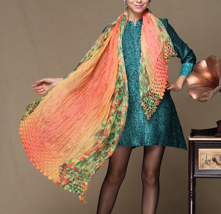 

Four Seasons Miyake pleats Stereo Bubble Matching Colour Printed Wrinkle Large Shawl Super Large Scarf free shipping