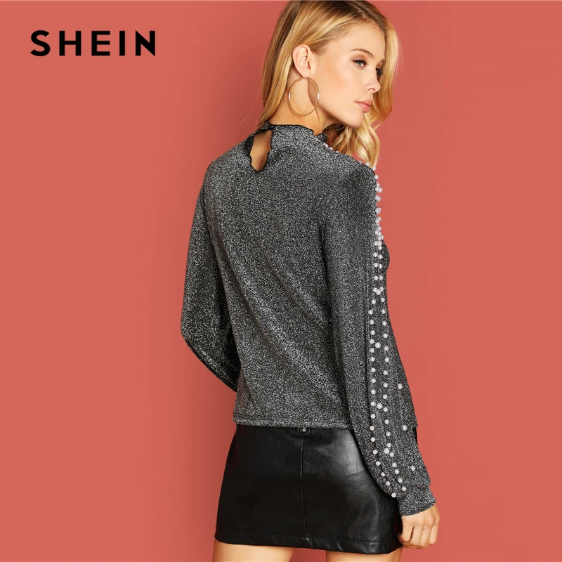  SHEIN Going Out Silver Modern Lady Pearl Beading Bishop Sleeve Glitter op Women Autumn Plain Minima